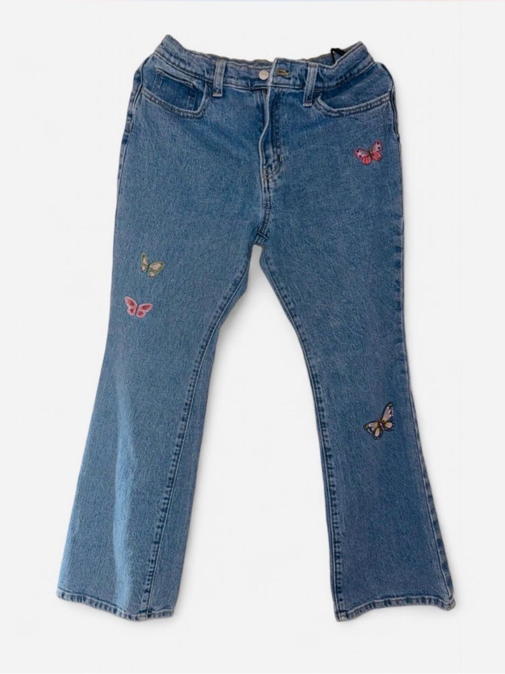 Old Navy  Blue Denim Flare Jeans with Butterfly Embroidery. Size girls 18 - Picture 2 of 8